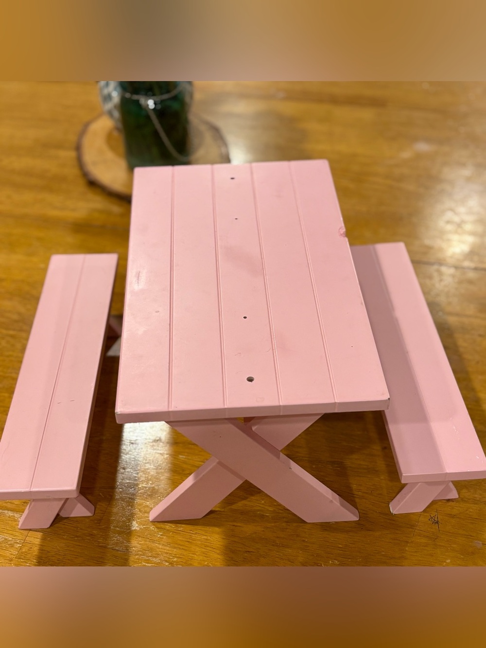 American Girl Pink Picnic Table Set with 2 Benches Retired Doll Furniture
